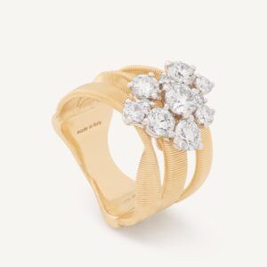 18K Yellow Gold Three Row Ring with Diamond Cluster