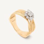 18K Yellow Gold Three Row Coil Ring with Diamond Flower