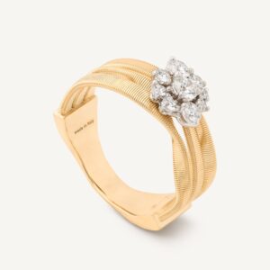 18K Yellow Gold Three Row Coil Ring with Diamond Flower