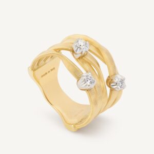 18K Yellow Gold Five Row Coil Ring with Three Diamond Stations