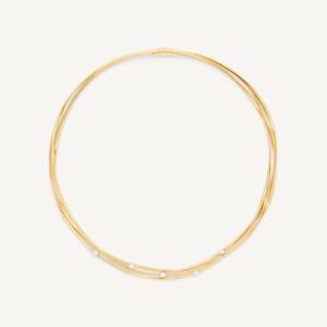 18K Yellow Gold Three Strand Coil Necklace with Diamond Stations, 16.5"
