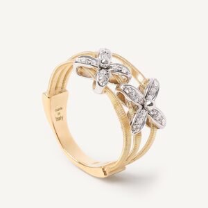 18K Yellow Gold Three Row Coil Ring with Diamond Flowers