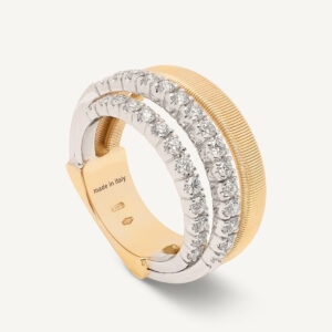 18K Yellow Gold Four Row Coil Ring with Two Diamond Bands