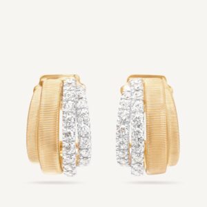18K Yellow Gold Coil Huggie Earrings with Two Diamond Bands, 0.7"
