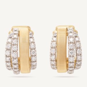 18K Yellow Gold Coil Huggie Earrings with Three Diamond Bands, 0.7"