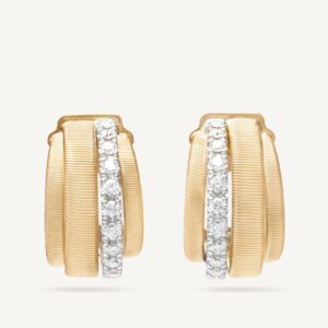 18K Yellow Gold Coil Huggie Earrings with One Diamond Band, 0.7"