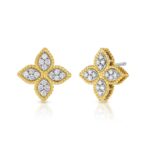 18K Yellow Gold Princess Flower Diamond Stud Earrings