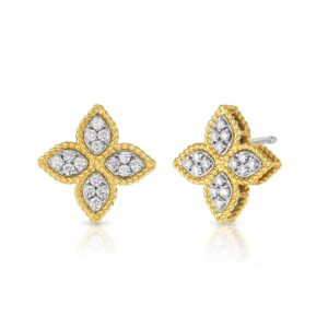 18K Yellow Gold Princess Flower Diamond Stud Earrings
