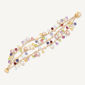 18K Yellow Gold Gemstone Three Strand Bracelet with Pearls, 7.25"
