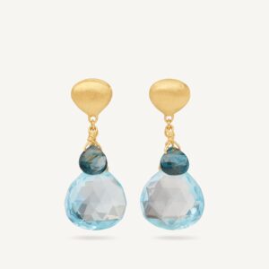 18K Yellow Gold Blue Topaz Earrings, 1"