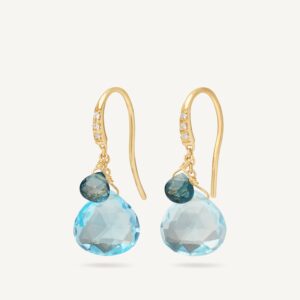 18K Yellow Gold Blue Topaz Earrings with Diamonds, 1.1"