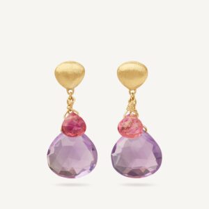 18K Yellow Gold Amethyst and Pink Tourmaline Earrings, 1"