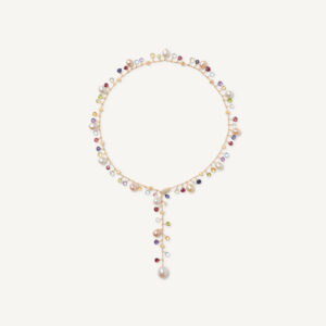 18K Yellow Gold Gemstone and Pearl Lariat with Diamond Clasp, 17.25"