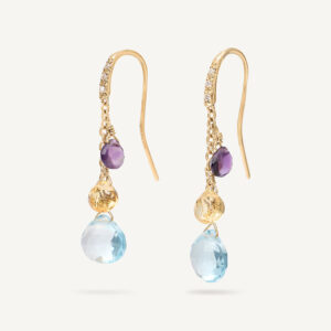 18K Yellow Gold Gemstone Earrings with Diamonds, Blue Topaz Accents, 1.3"