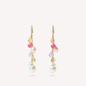 18K Yellow Gold Gemstone Earrings with Diamonds and Pearls, 2"