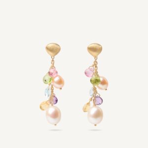 18K Yellow Gold Gemstone Earrings with Pearls, 1.7"