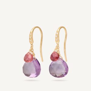 18K Yellow Gold Amethyst and Pink Tourmaline Earrings with Diamonds, 1.1"