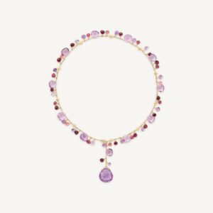 18K Yellow Gold Amethyst and Pink Tourmaline Lariat with Diamond Clasp, 17.25"