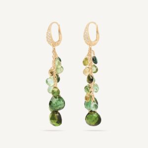 18K Yellow Gold Green Tourmaline Two Strand Earrings with Diamonds, 2"