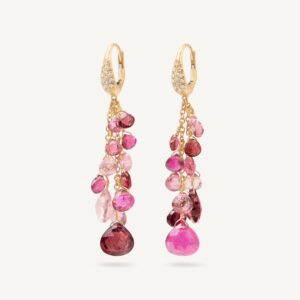 18K Yellow Gold Pink Tourmaline Two Strand Earrings with Diamonds, 2"