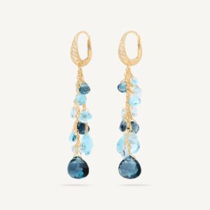 18K Yellow Gold Blue Topaz Two Strand Earrings with Diamonds, 2"