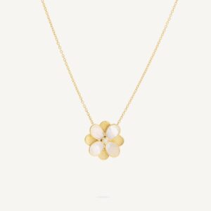 18K Yellow Gold Mother of Pearl Flower Pendant Necklace with Diamonds, 16.5"-18"
