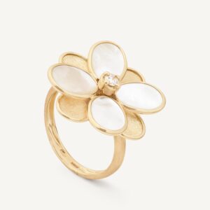 18K Yellow Gold Mother of Pearl Flower Ring with Diamonds