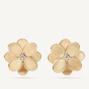 18K Yellow Gold Flower Stud Earrings with Diamonds, 0.8"