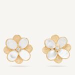 18K Yellow Gold Mother of Pearl Flower Stud Earrings with Diamonds, 0.9"