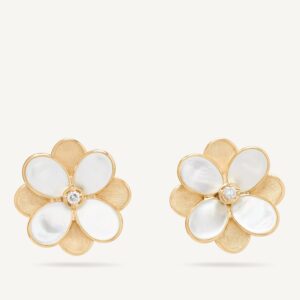 18K Yellow Gold Mother of Pearl Flower Stud Earrings with Diamonds, 0.9"