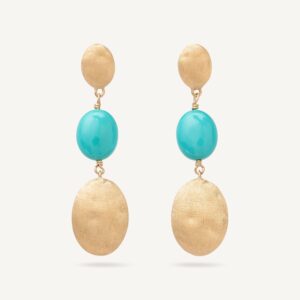 18K Yellow Gold Turquoise Earrings, 1.4"