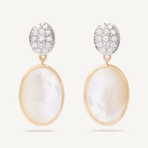 18K Yellow Gold Mother of Pearl Earrings with Diamonds, 1"