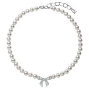 Akoya Cultured Pearl and Diamond Bow Charm Necklace in 18K White Gold