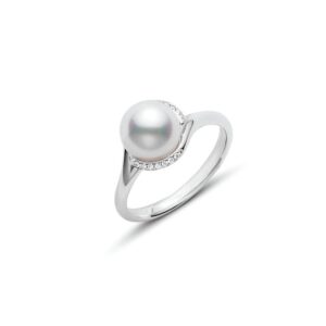 Twist Akoya Cultured Pearl and Diamond Ring in 18K White Gold – 8mm, Size 7