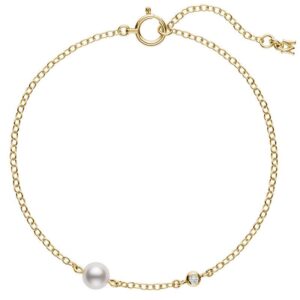 Akoya Cultured Pearl and Diamond Station Bracelet in 18K Yellow Gold