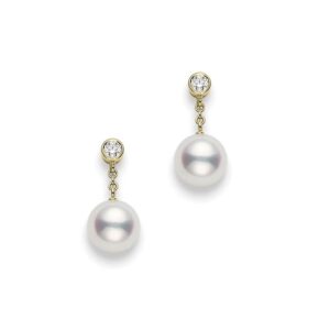 Classic Akoya Cultured Pearl and Diamond Drop Earrings in 18K Yellow Gold