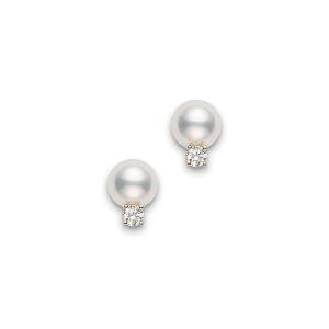 Akoya Cultured Pearl and Diamond Stud Earrings in 18K Yellow Gold – 7.5mm, A+ Quality