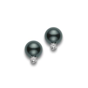 Black South Sea Cultured Pearl and Diamond Stud Earrings in 18K White Gold – 8mm, A+ Quality