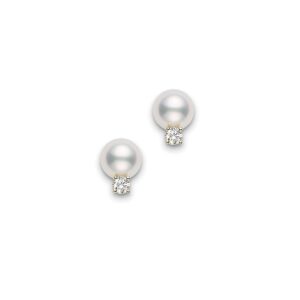 Akoya Cultured Pearl and Diamond Stud Earrings in 18K Yellow Gold – 7mm, A+ Quality
