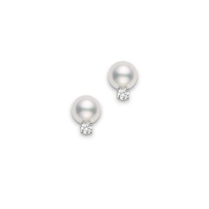 Akoya Cultured Pearl and Diamond Stud Earrings in 18K White Gold – 7.5mm, A+ Quality