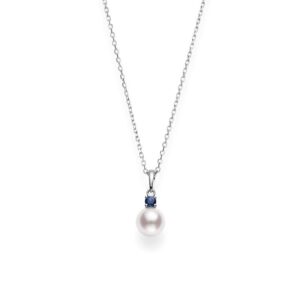 Akoya Cultured Pearl Pendant with Sapphire in 18K White Gold – 8mm, A+ Quality